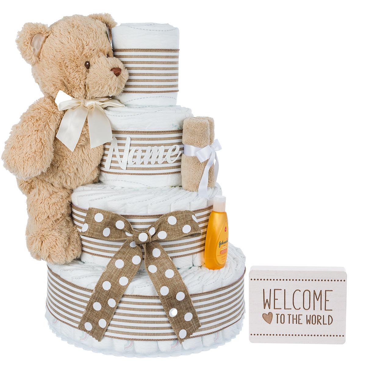 Welcome to the World Neutral 4Tier Personalized Diaper Cake